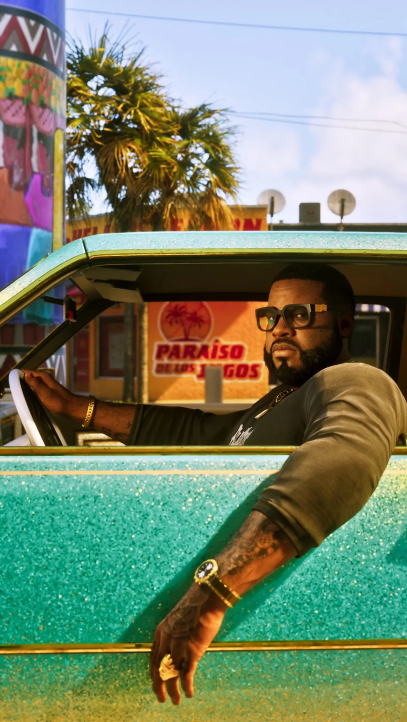 Boobie Ike leaning out of a glittering lowrider — Dazed editorial image, courtesy of Rockstar Games