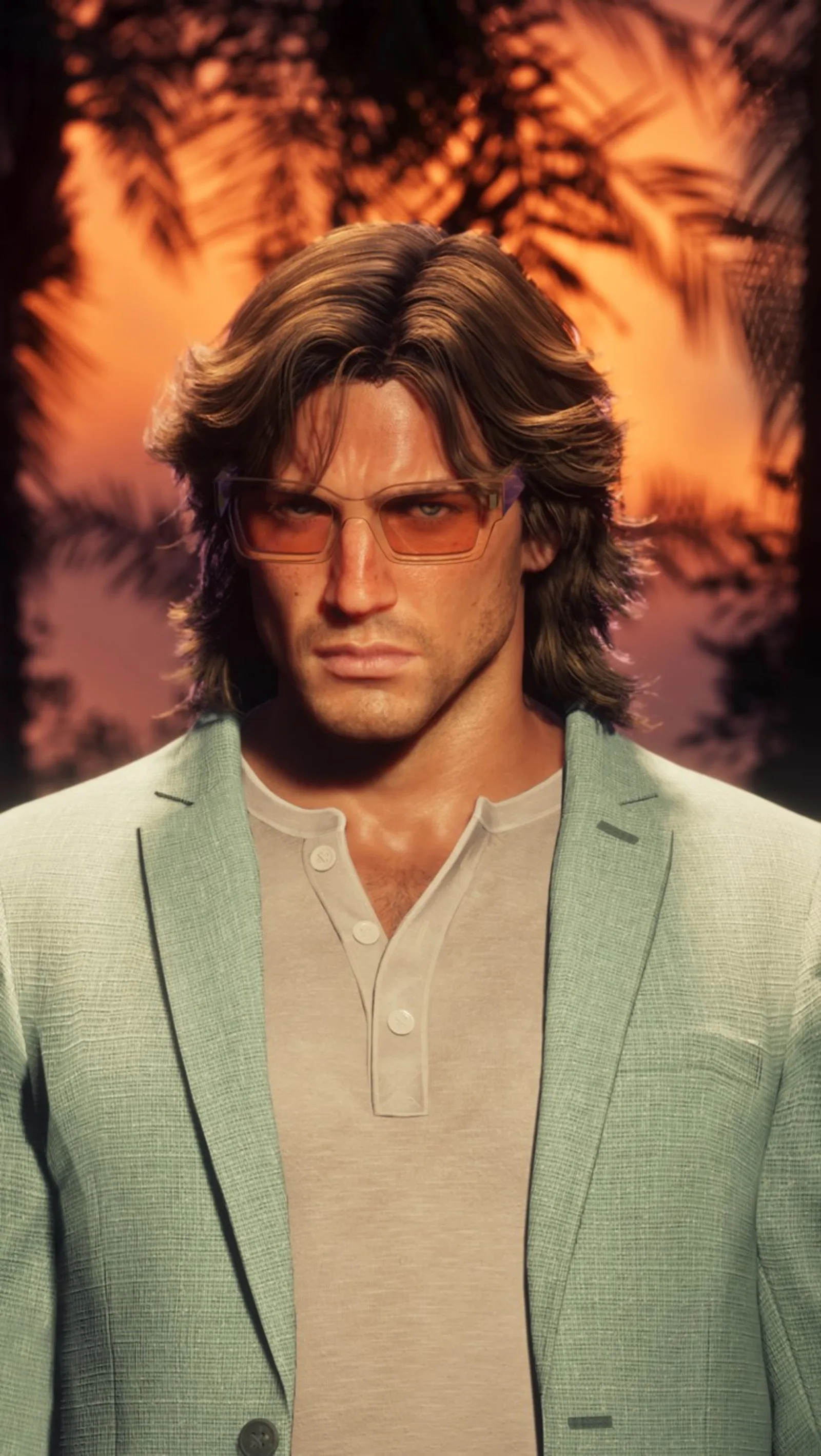 Jason in a light jacket against a sunset — Dazed editorial image, courtesy of Rockstar Games