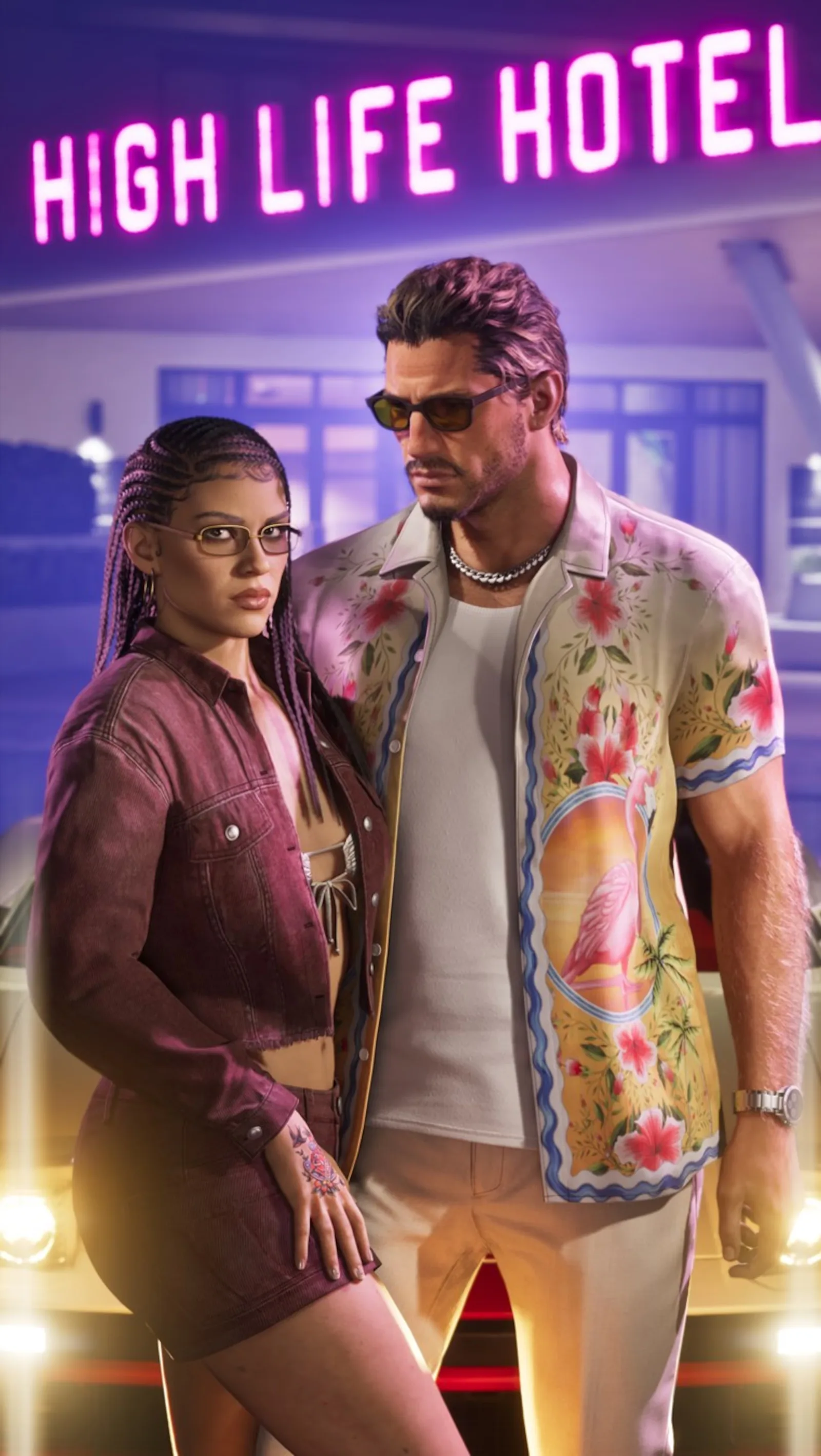 Lucia and Jason outside the High Life Hotel — Dazed editorial image, courtesy of Rockstar Games