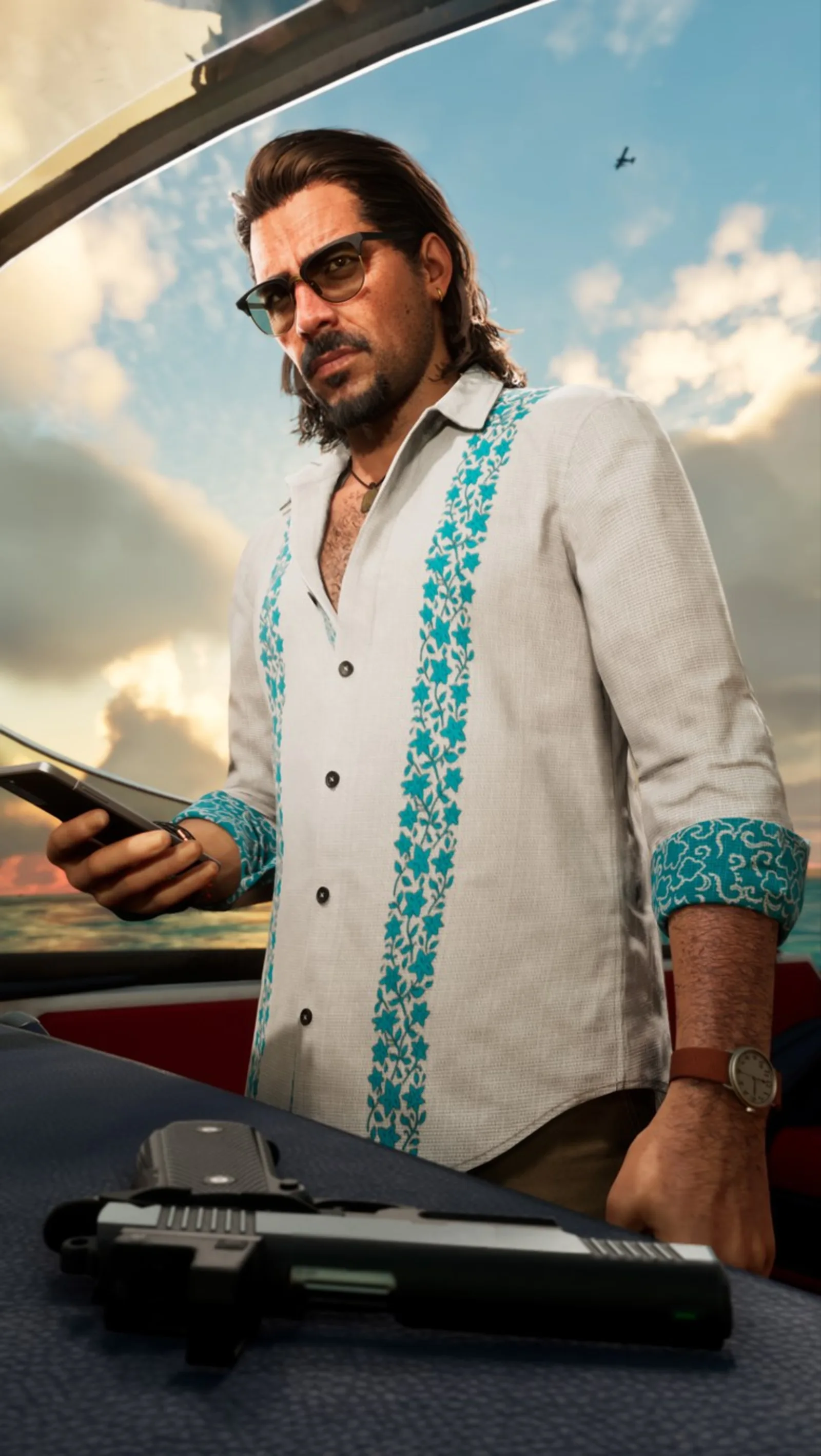 Raul Bautista on a boat, phone in hand — Dazed editorial image, courtesy of Rockstar Games