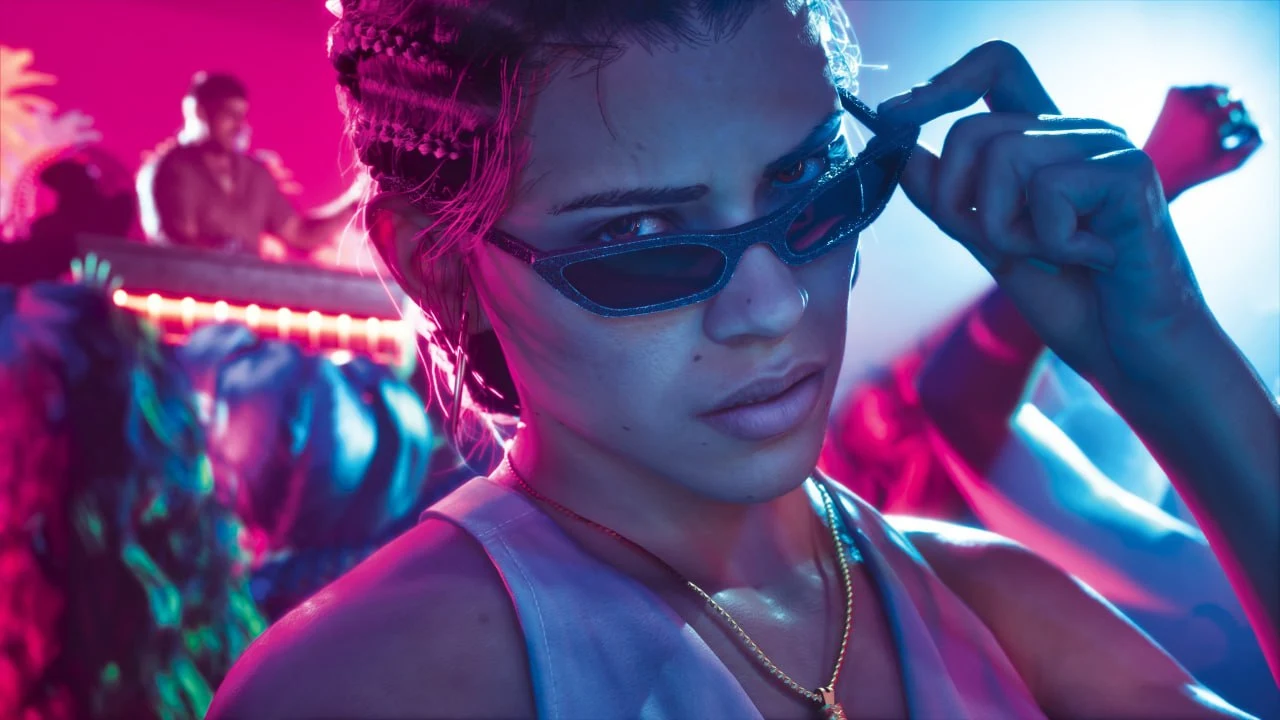 GTA 6 screenshot from Edge — a woman with braided hair lowering her sunglasses in a neon-lit club