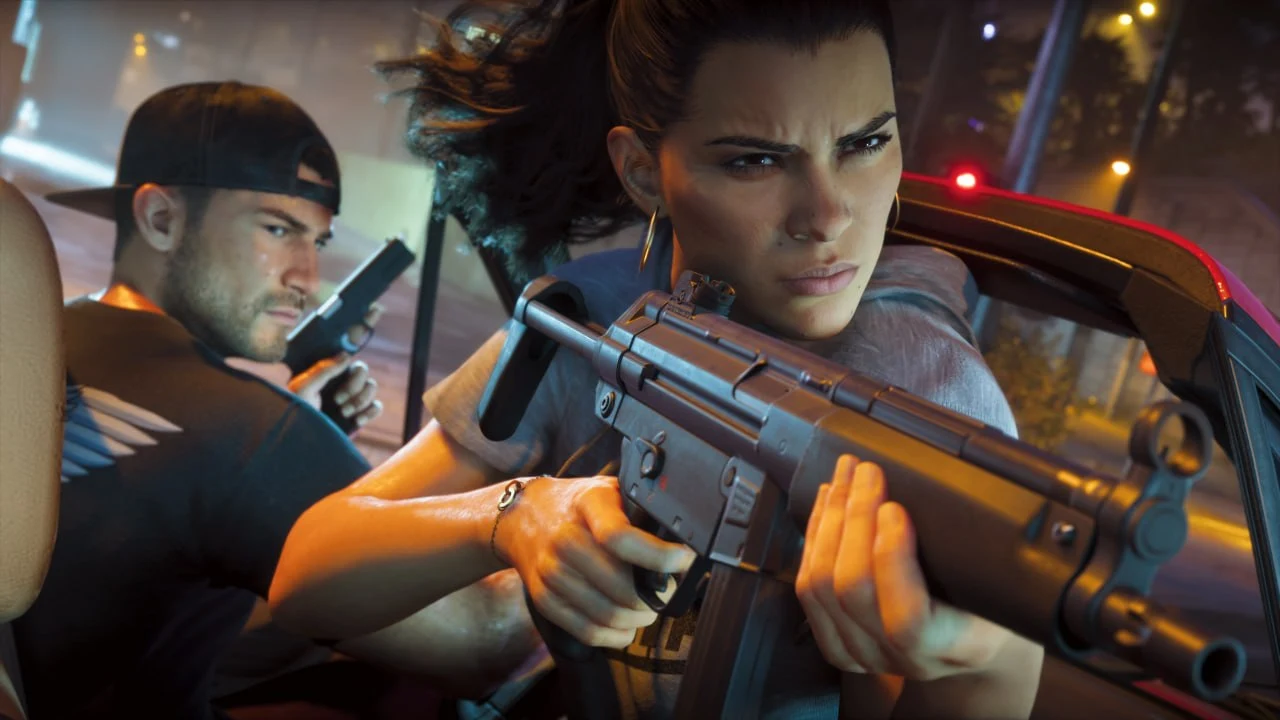 GTA 6 screenshot from Edge — Lucia aiming a submachine gun from the front of a car at night, Jason in a backwards cap holding a pistol behind her