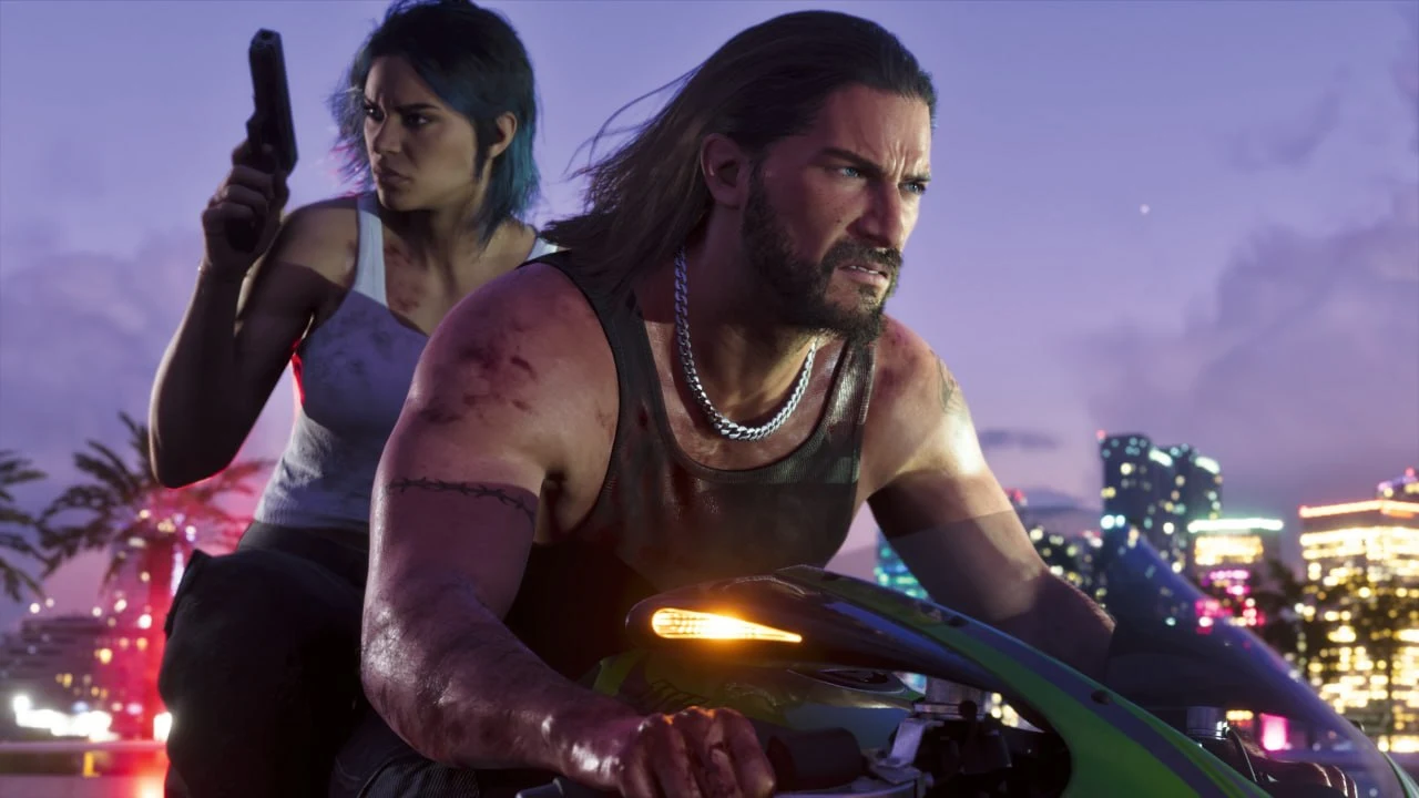 GTA 6 screenshot from Edge — a long-haired, bearded man riding a motorbike at dusk with a woman holding a pistol behind him and the Vice City skyline in the background