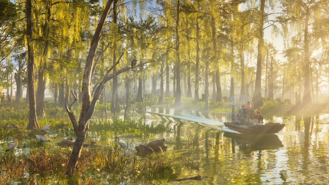 Un airboat in una palude di cipressi illuminata dal sole: uno dei nuovi screenshot del numero 430 di Edge