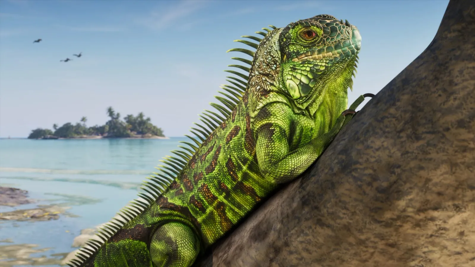 Official GTA 6 screenshot — a green iguana on a rock in harsh daylight, island across the water (An Extended Look)