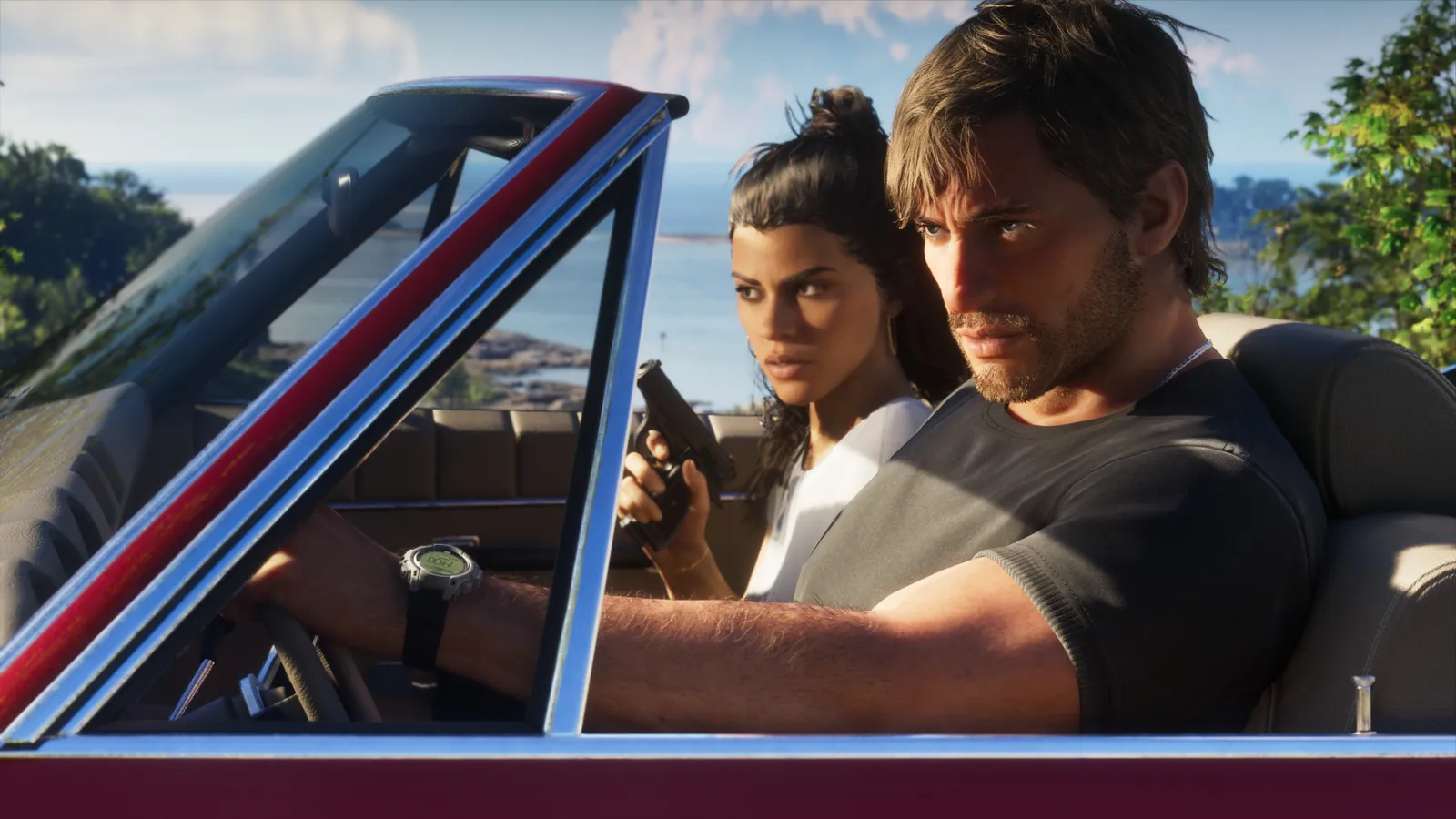Official GTA 6 screenshot — Jason and Lucia in an open-top car under hard midday sun on the coast (An Extended Look)