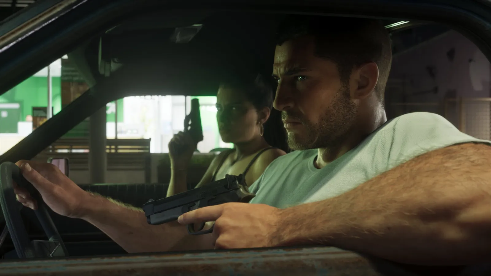 Official GTA 6 screenshot — Jason at the wheel with a pistol, Lucia beside him with a gun raised (An Extended Look)