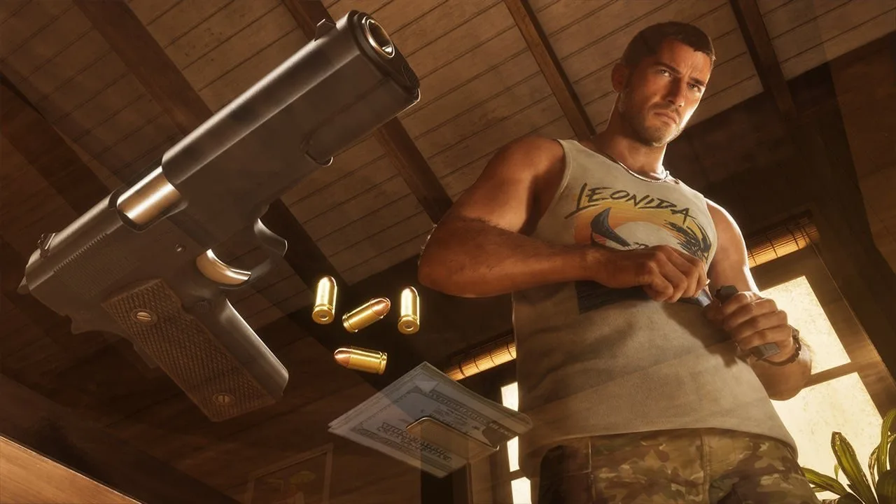 Official GTA 6 screenshot — Jason loading a pistol indoors, rounds in mid-air (An Extended Look)