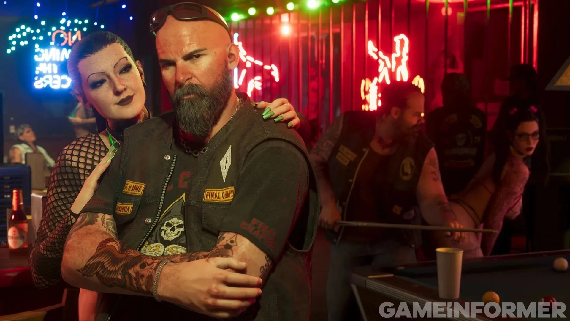 GTA 6 screenshot from Game Informer — bikers in a neon-lit bar, vests reading 'Final Chapter' and 'Ambrosia'