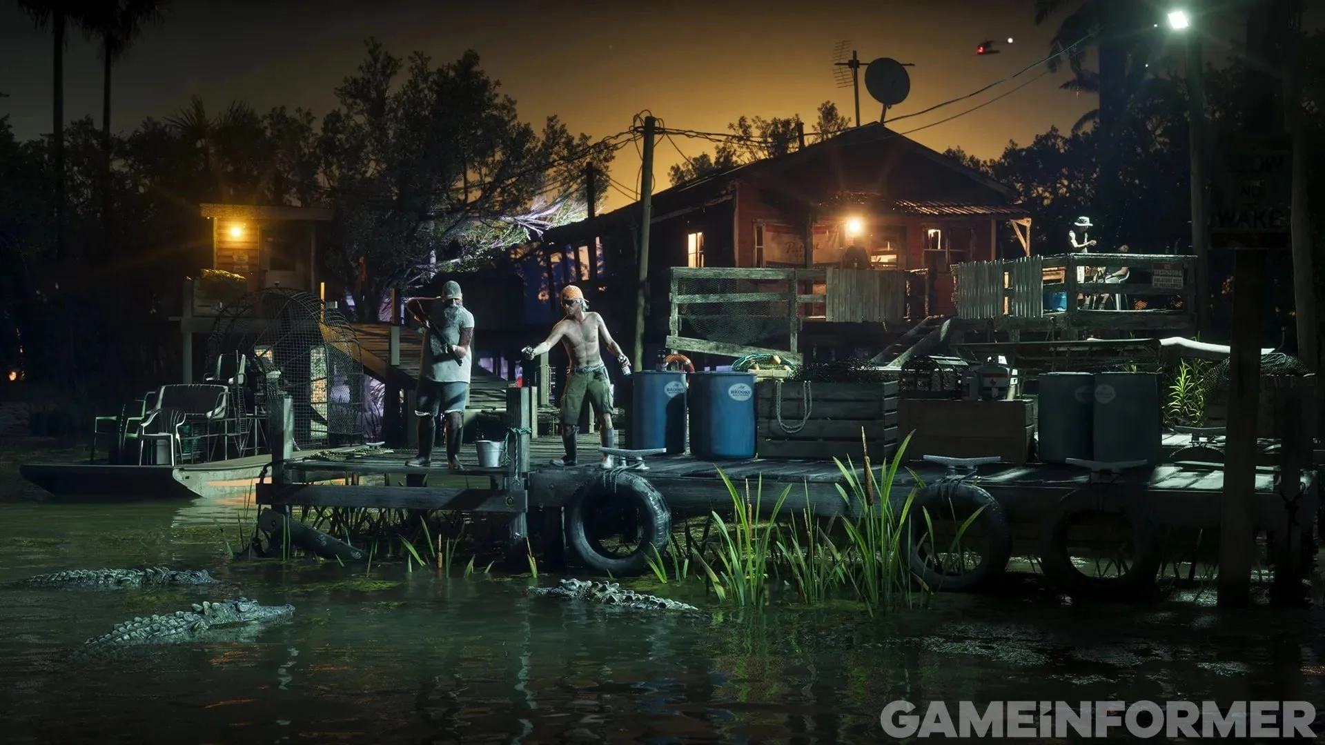 GTA 6 screenshot from Game Informer — a stilt house and dock in the swamp at night, two men on the dock and alligators in the water