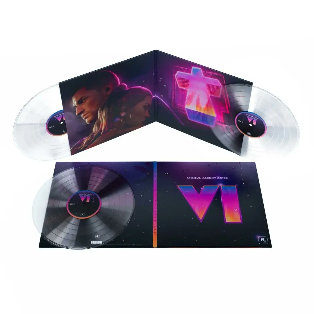 Grand Theft Auto VI: Original Score by Justice on clear triple vinyl: the opened gatefold sleeve with Jason and Lucia and the neon cross, and three transparent records