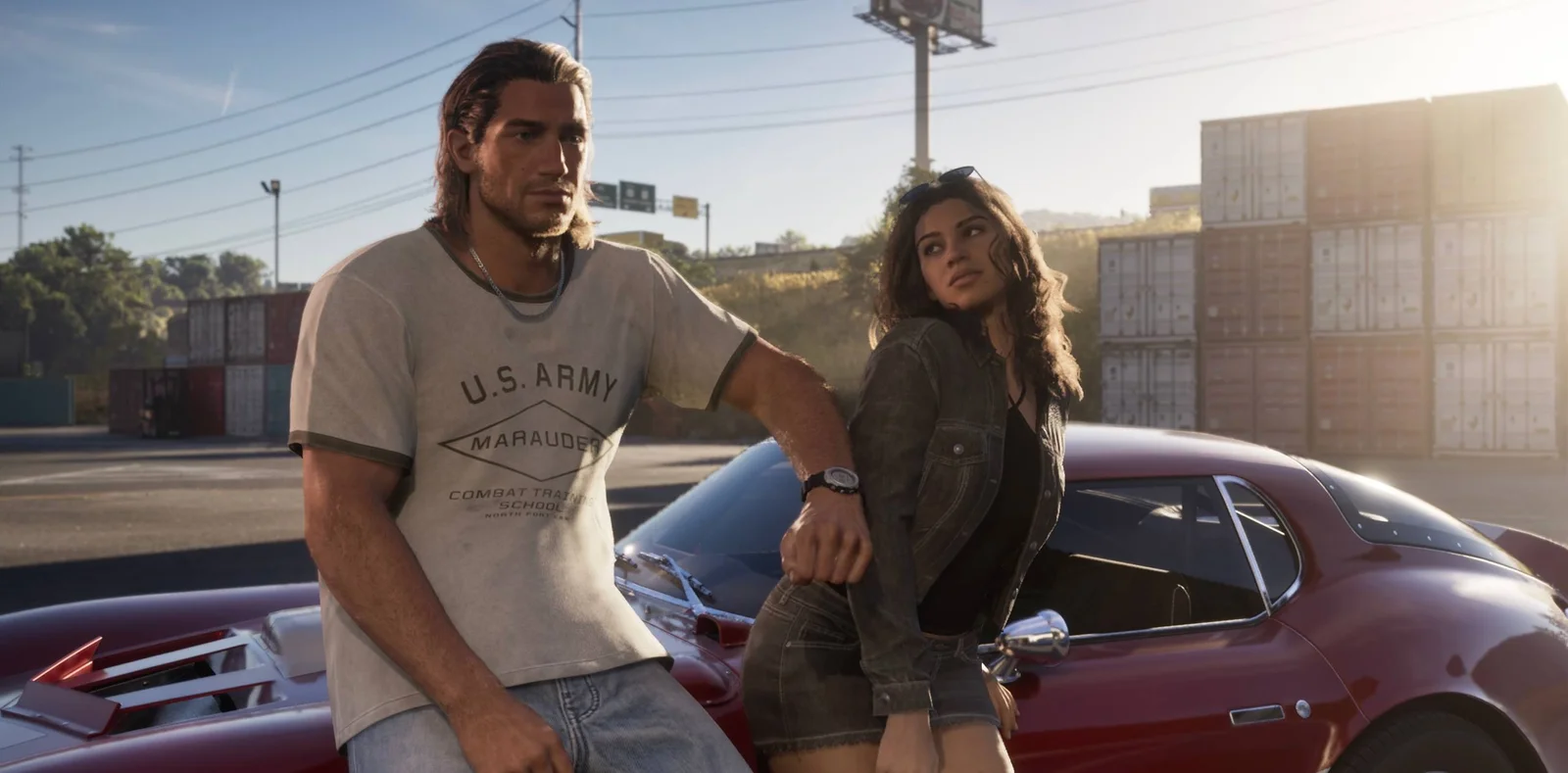 Frame from the GTA 6 Launch Trailer: Jason in a U.S. Army T-shirt and Lucia leaning on a red car by a container yard