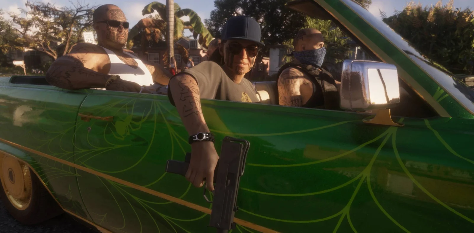 Frame from the GTA 6 Launch Trailer: three men in a green convertible painted with leaves, one holding a pistol