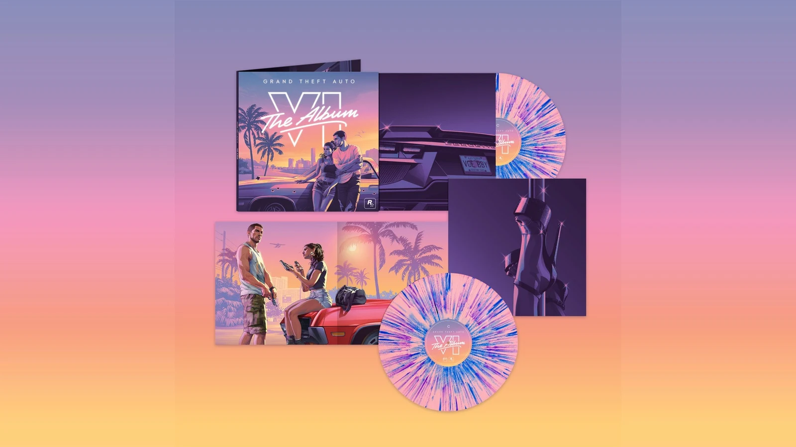 Grand Theft Auto VI: The Album vinyl set — gatefold cover, art sleeves and splatter discs (official product shot)