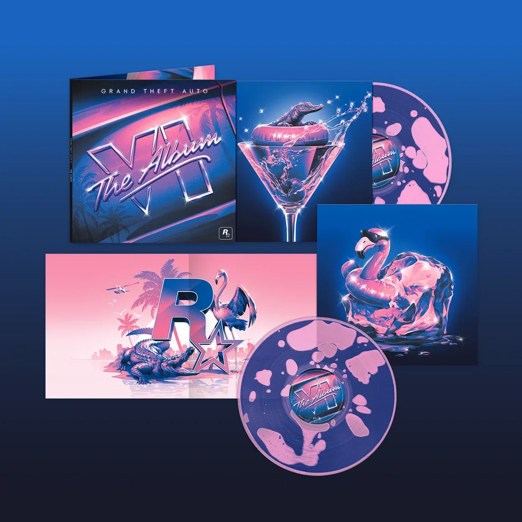 Grand Theft Auto VI: The Album limited-edition vinyl: gatefold sleeve with the chrome cover, art inserts and a liquid-filled disc (official product art)