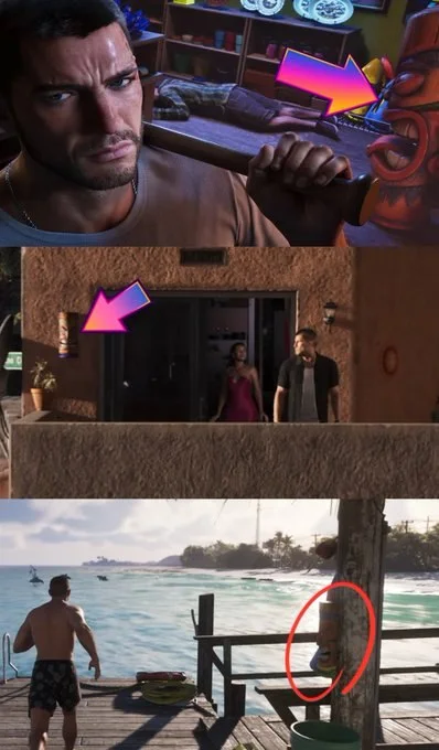 Three official GTA 6 shots with the same tiki mask marked: next to Jason holding a baseball bat, on a house wall beside Jason and Lucia, and on a pier post (fan comparison)