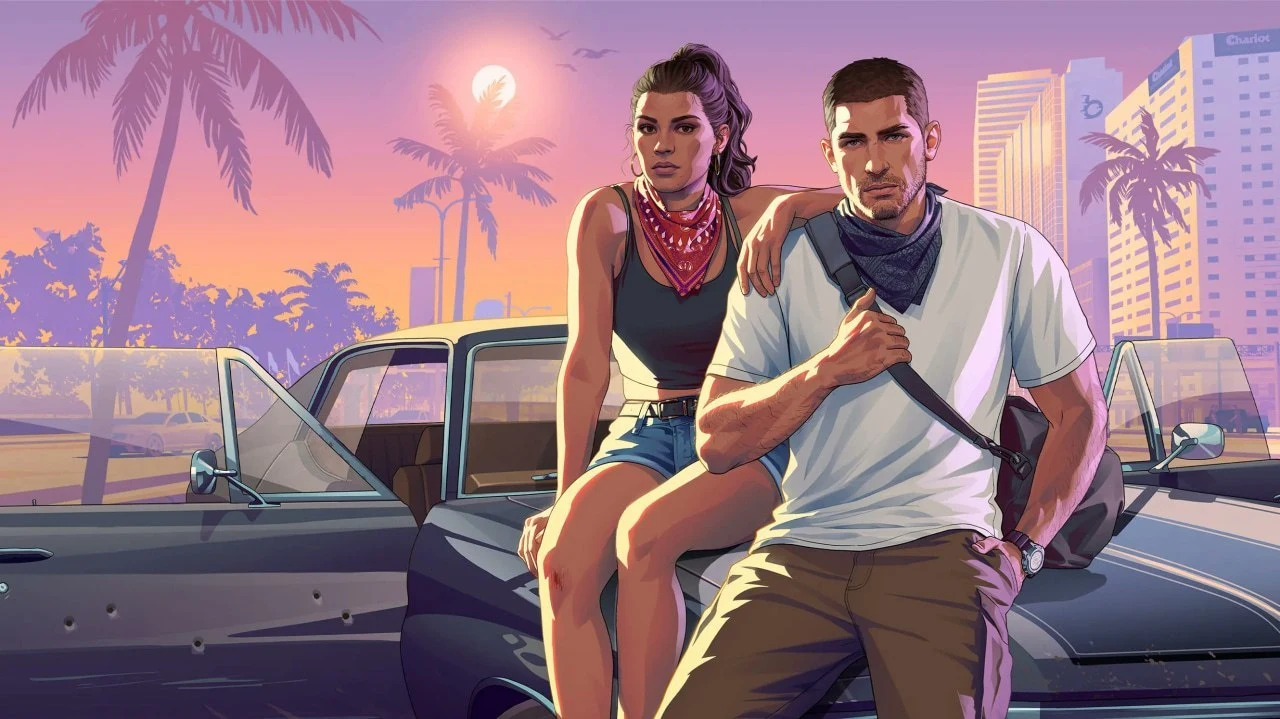 Official GTA 6 artwork — Jason and Lucia with bandanas by a bullet-riddled car at sunset