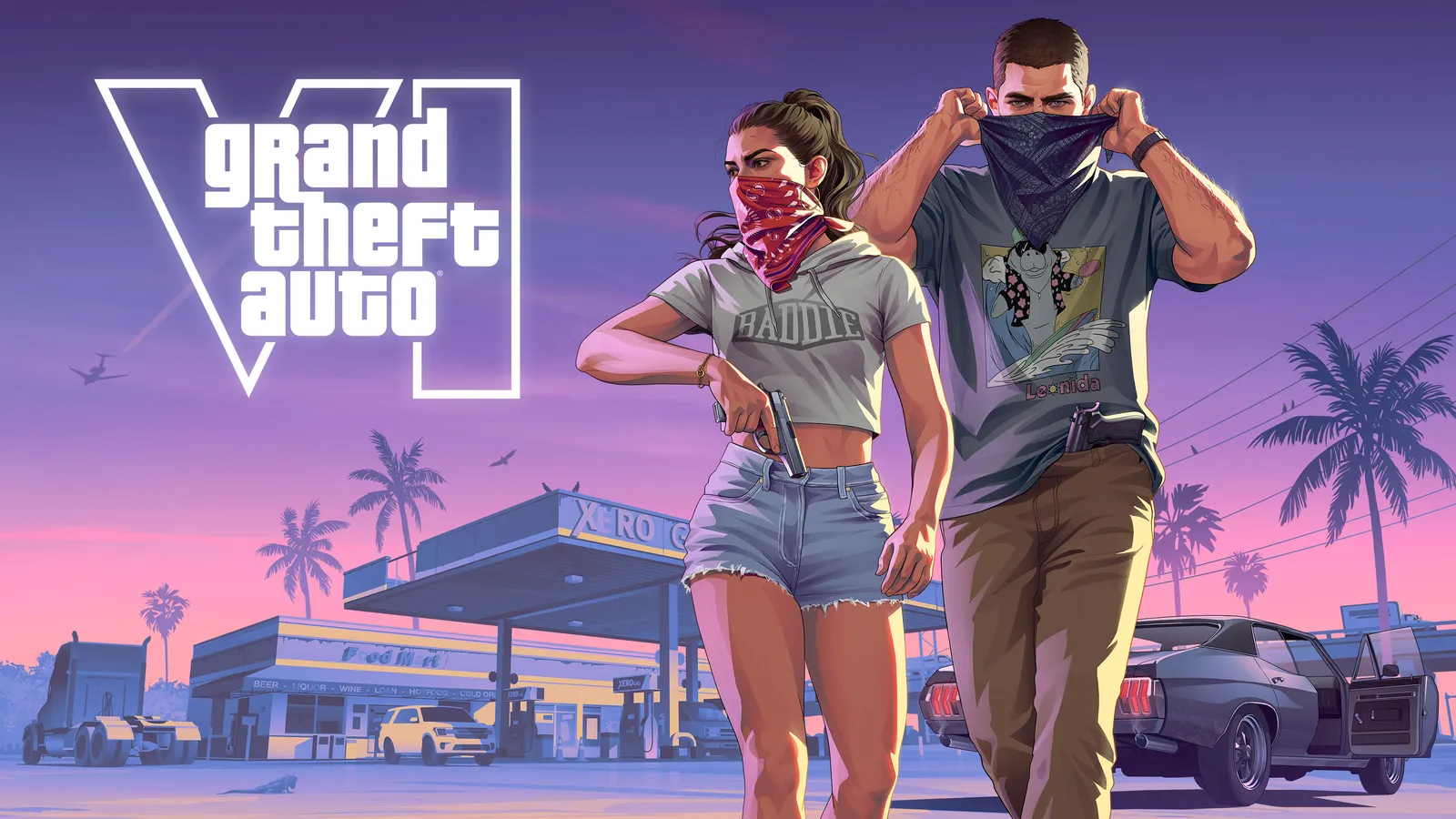 Official GTA 6 artwork with the GTA VI logo — Lucia and Jason at a Xero gas station, faces covered by bandanas