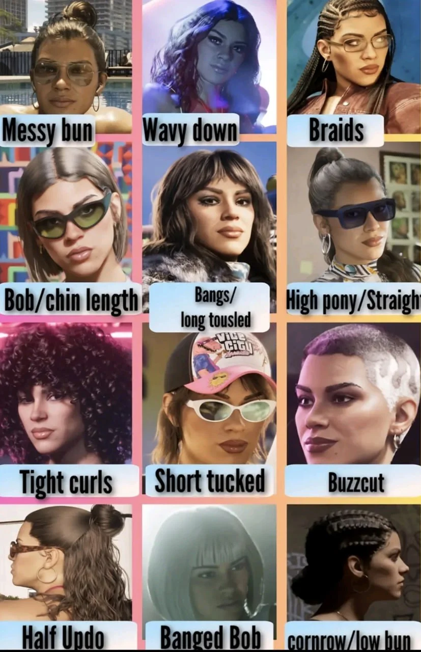 Fan-made collage of twelve Lucia Caminos hairstyles seen in GTA 6 trailers and promotional art, from a messy bun and braids to a buzzcut
