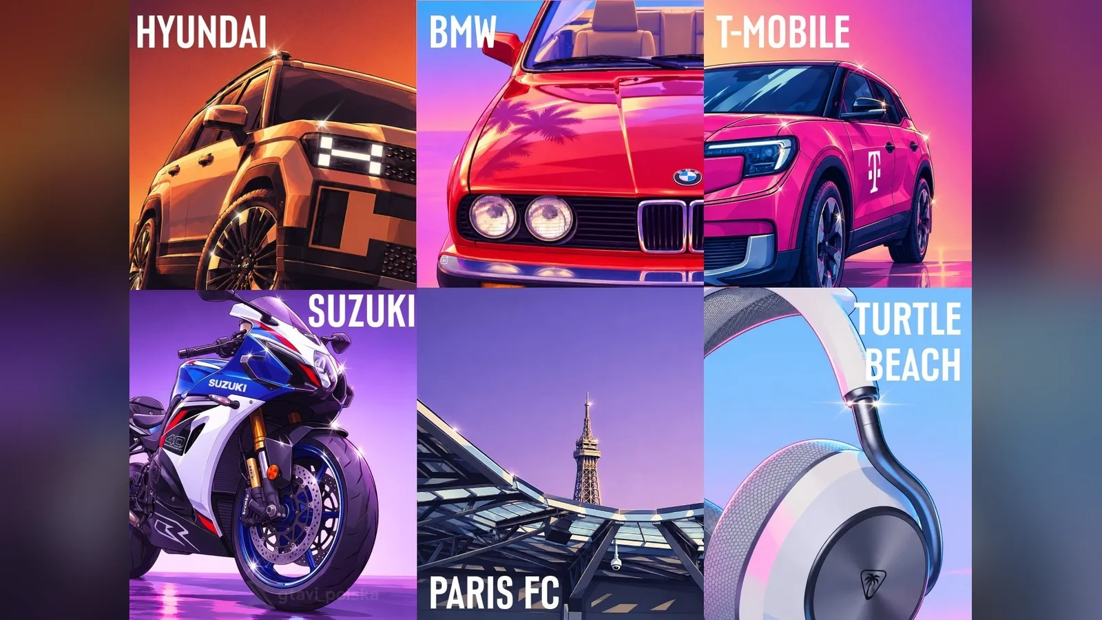 Collage of brand posts in GTA 6 art style: Hyundai, BMW, T-Mobile, Suzuki, Paris FC and Turtle Beach (fan-made collage, gtavi_polska)