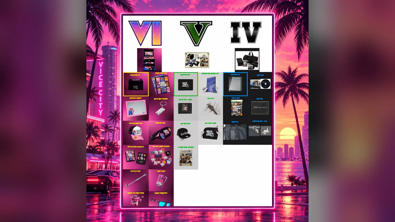 Fan-made graphic comparing the GTA IV, GTA V and GTA VI collector's editions item by item (shared on social media)