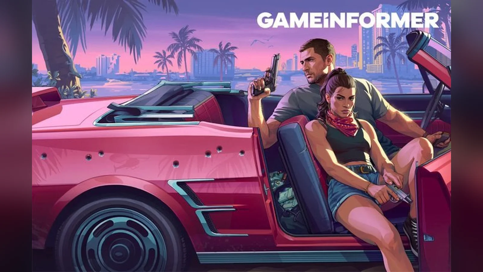 Game Informer issue 382 cover: Jason and Lucia in a bullet-riddled pink convertible, Vice City skyline behind (original Rockstar artwork)