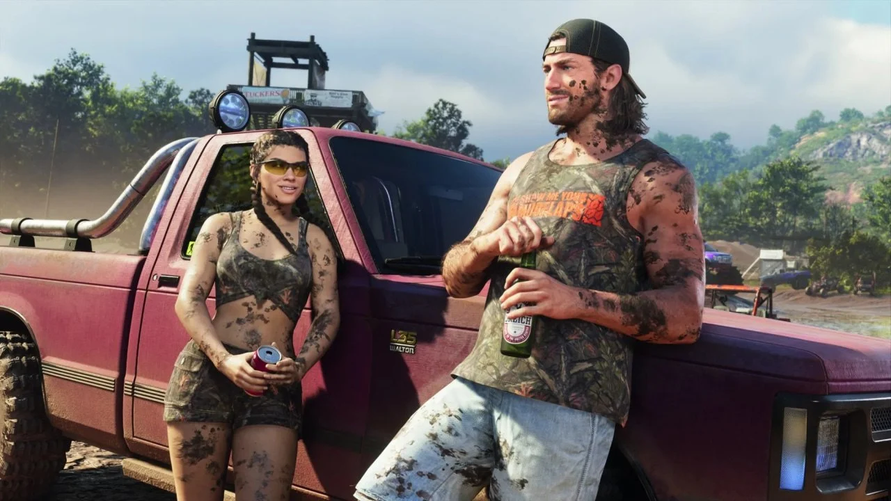 Official GTA 6 screenshot: a man and a woman covered in mud leaning on a red pickup truck at an off-road meet (released with Bloomberg's report, October 2026)