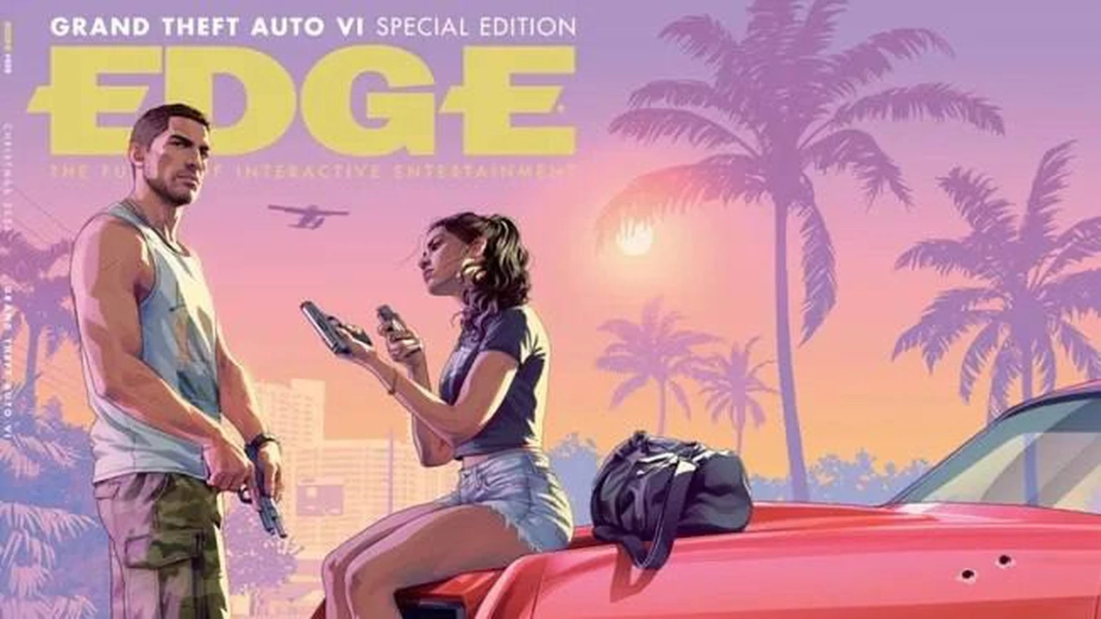 Cover of Edge magazine issue 430, the Grand Theft Auto VI special edition: Jason standing with a pistol and Lucia sitting on the hood of a red car under pink skies and palm trees