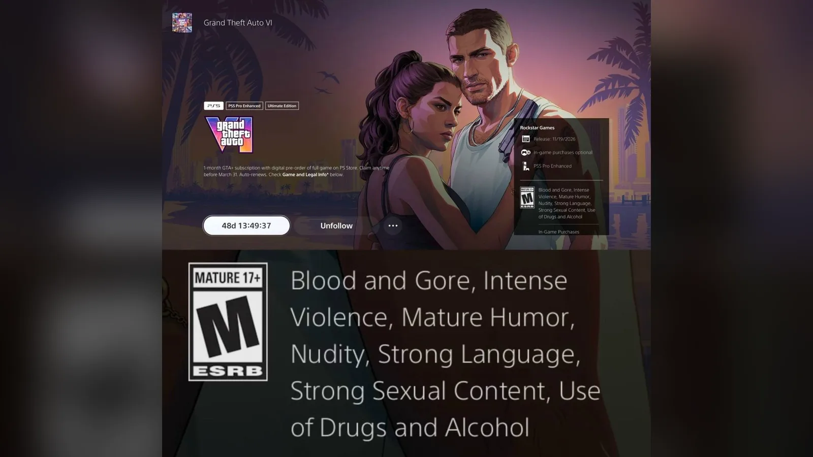 GTA 6 page on the PlayStation Store with the ESRB Mature 17+ badge and its content descriptors, and an enlarged view of the rating below (screenshot shared online)
