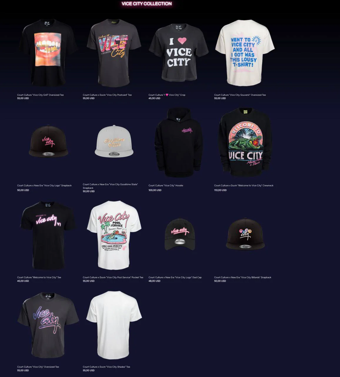 Vice City Collection page of the Miami Heat store: 14 Court Culture tees, caps, a hoodie and a crewneck with their prices in USD (screenshot of MiamiHeatStore.com)