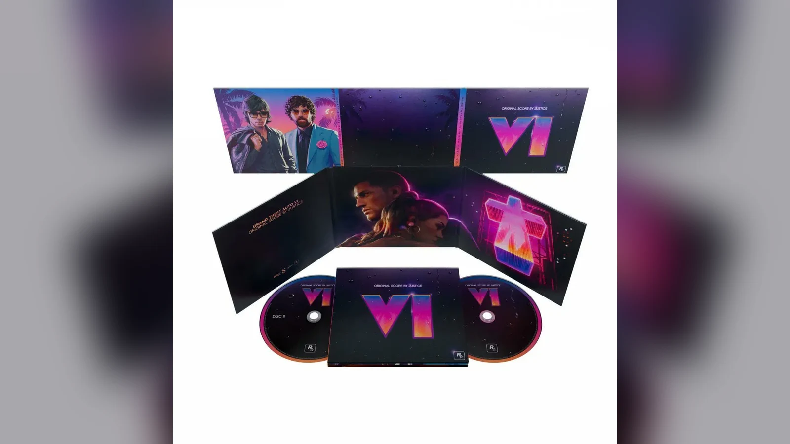 Grand Theft Auto VI: Original Score by Justice on double CD: the opened gatefold sleeve with Justice, Jason and Lucia and the neon cross, and two discs