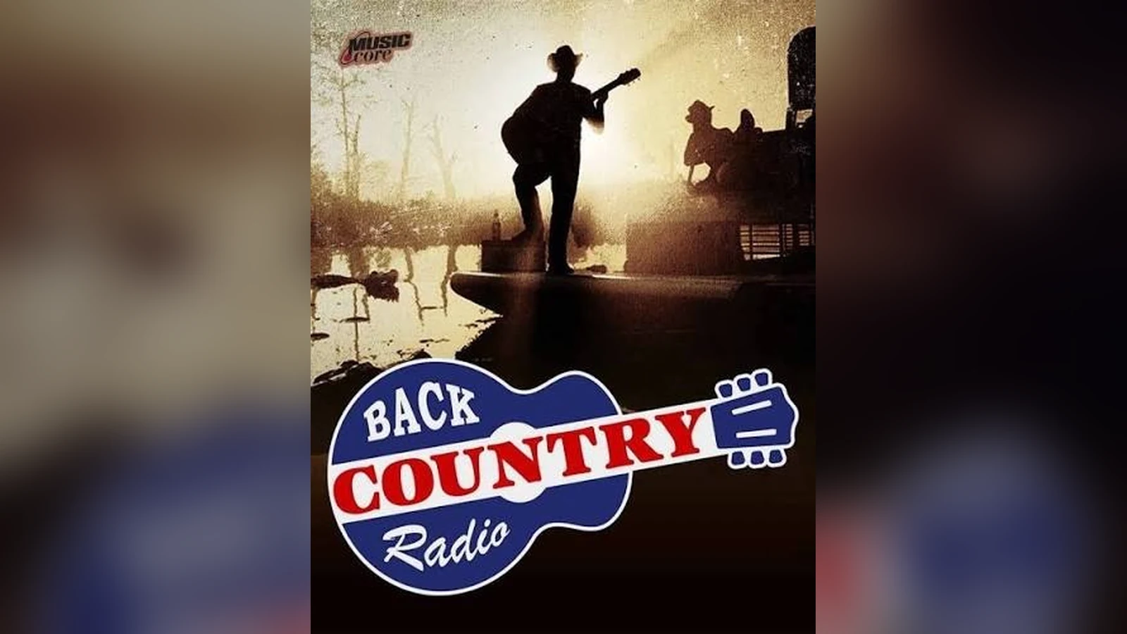 Back Country Radio art from GTA 6: a cowboy silhouette playing guitar on an airboat in a misty swamp above the station's guitar-shaped logo