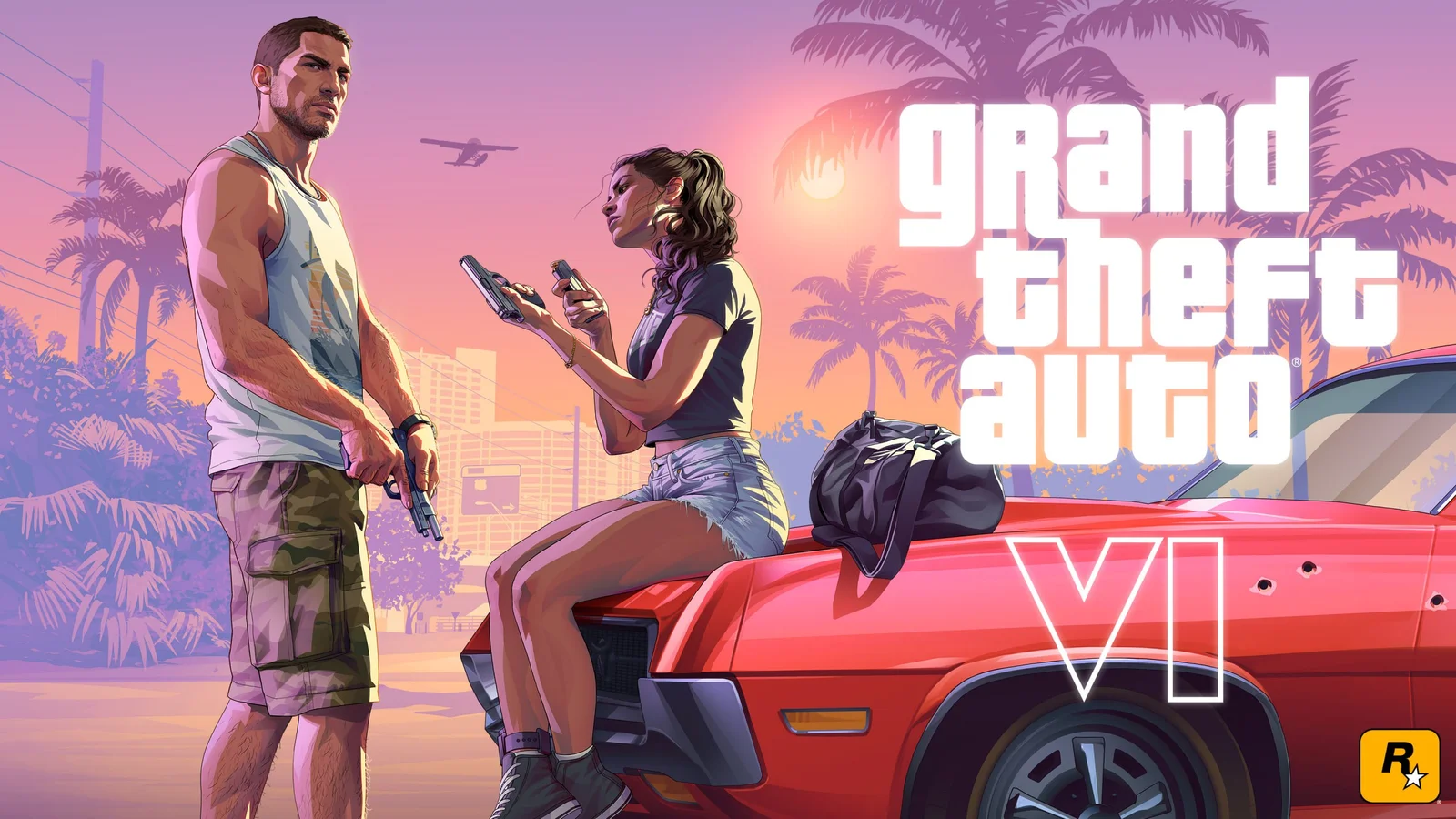 Official GTA 6 Launch Trailer artwork with the Grand Theft Auto VI logo — Jason and Lucia with pistols by a red muscle car under palm trees at sunset