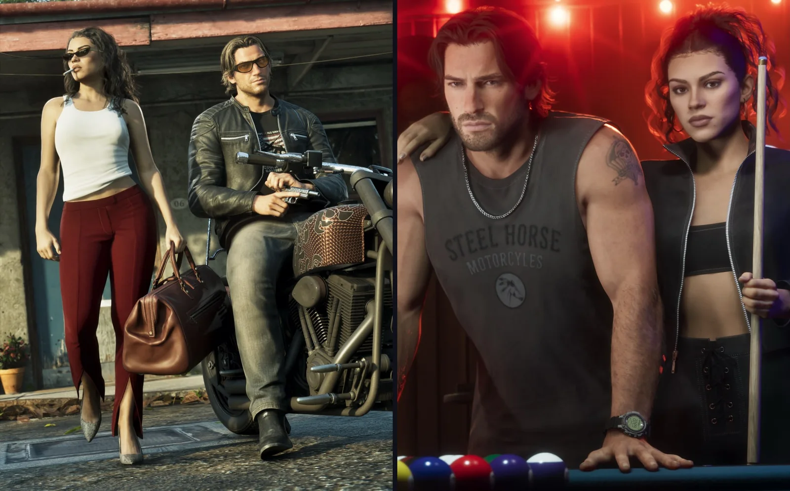 Two new GTA 6 screenshots side by side: Lucia with a cigarette and a leather holdall walking past Jason, who sits on a motorcycle with a pistol outside a house; Jason in a Steel Horse Motorcycles tank top and Lucia with a pool cue at a billiards table (published with LOVE issue 27, Rockstar Games)