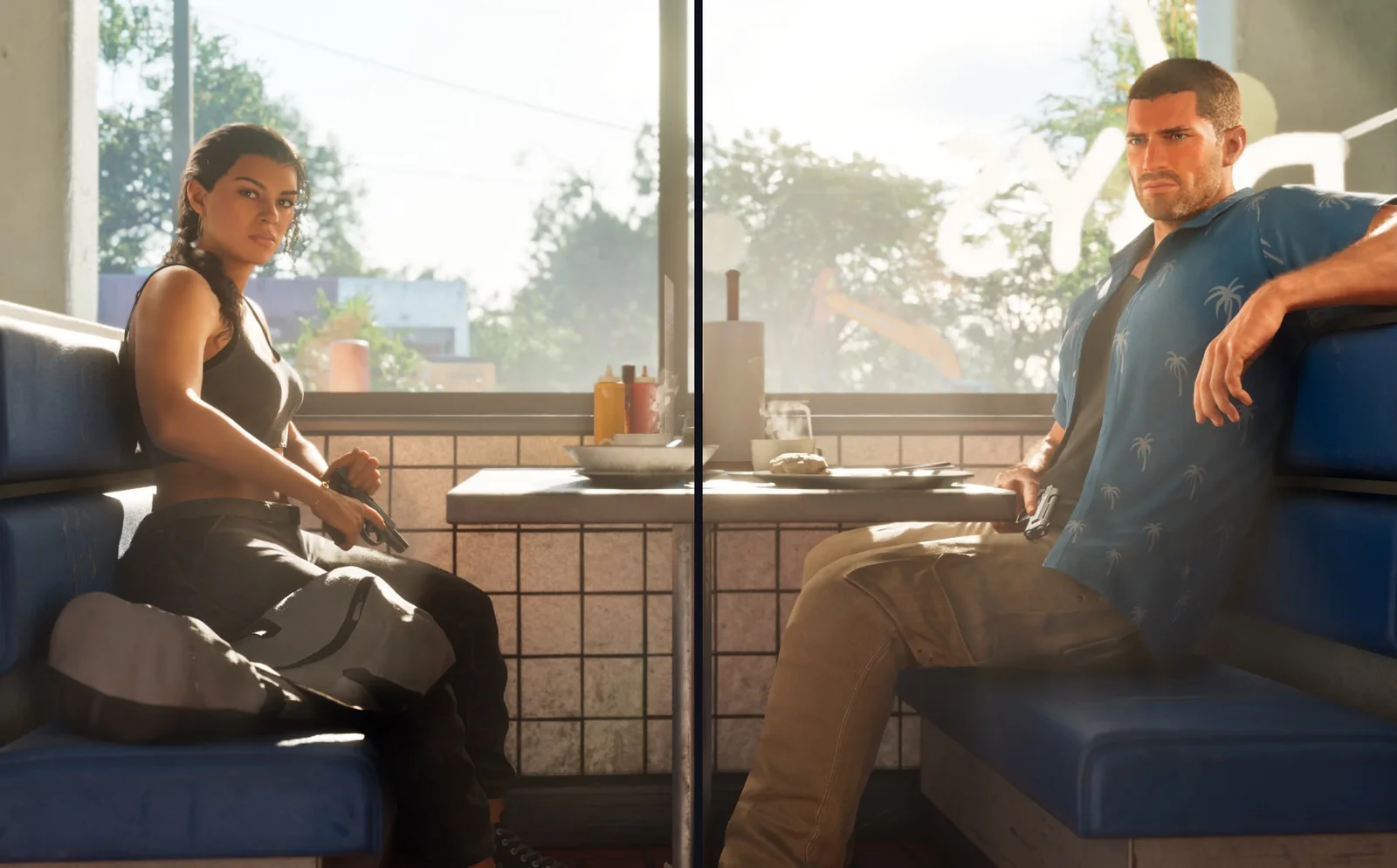 Two new GTA 6 screenshots side by side: Lucia with a pistol in a diner booth by the window, and Jason in a blue palm-print shirt with a pistol in the same booth (published with LOVE issue 27, Rockstar Games)