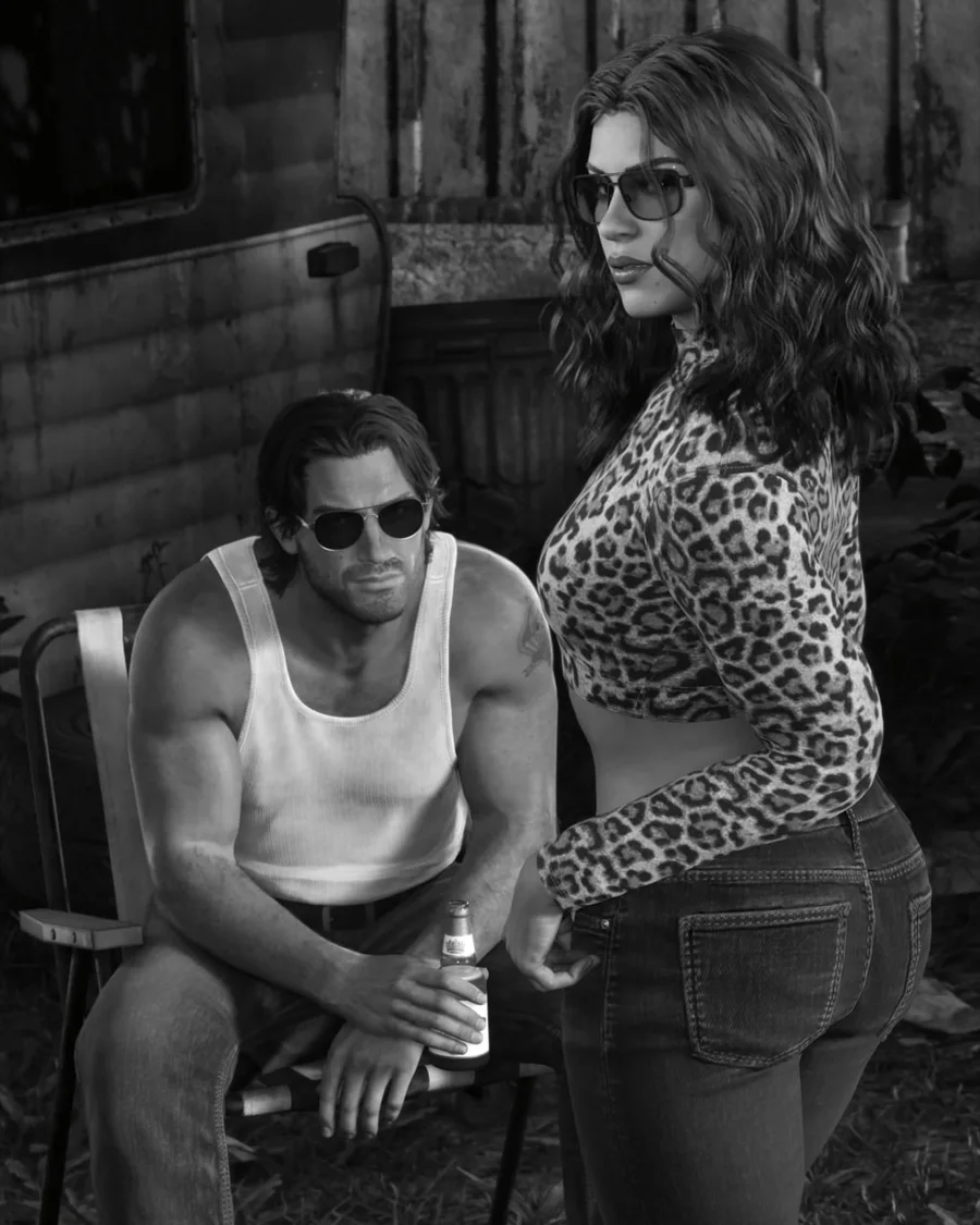 Black-and-white image of Jason in a tank top and sunglasses on a folding chair with a bottle outside a trailer, and Lucia in a leopard-print top and sunglasses (published with LOVE issue 27, Rockstar Games)