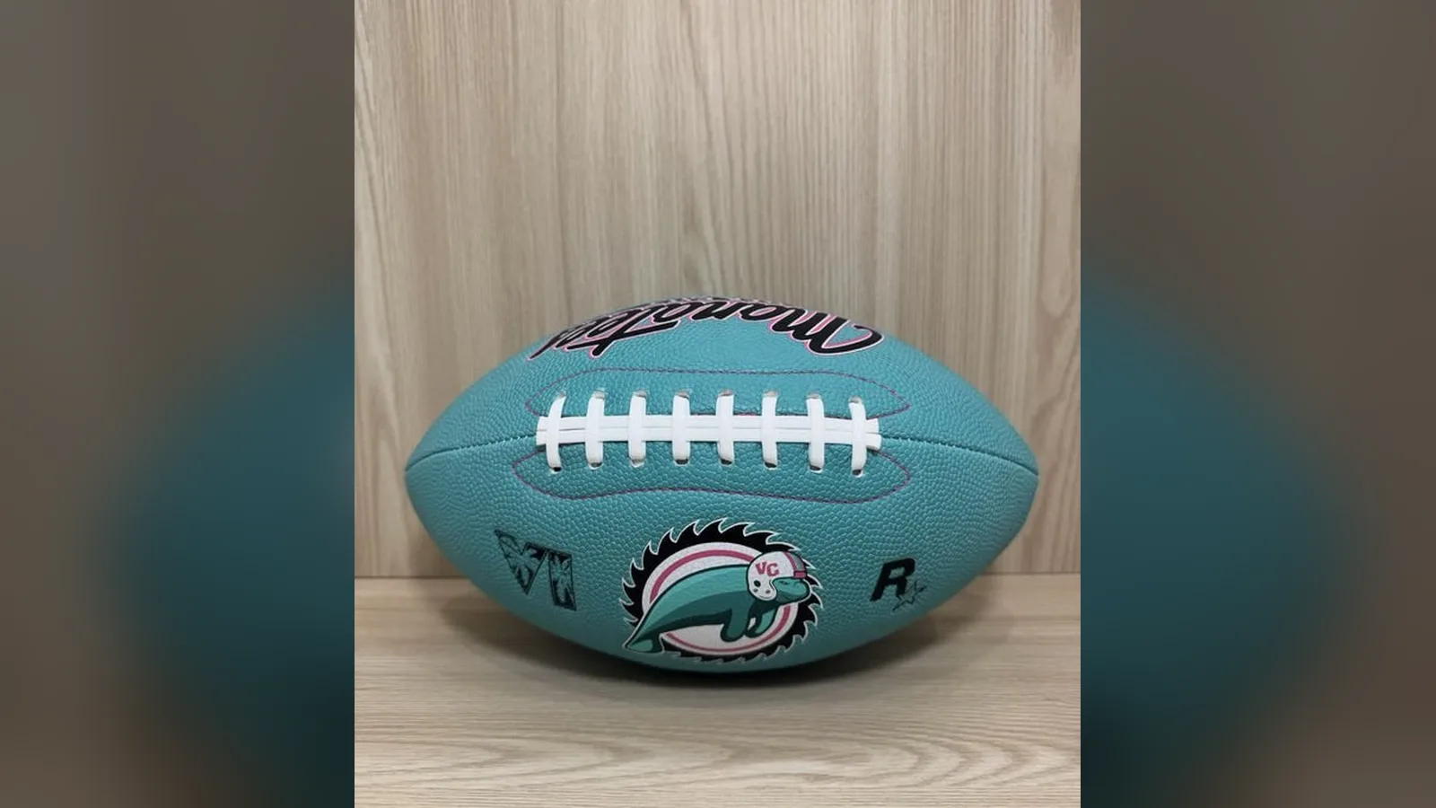 Teal American football with white laces, the Vice City Manatees logo, the VI logo and the Rockstar R* logo, on a wooden shelf (photo shared online)