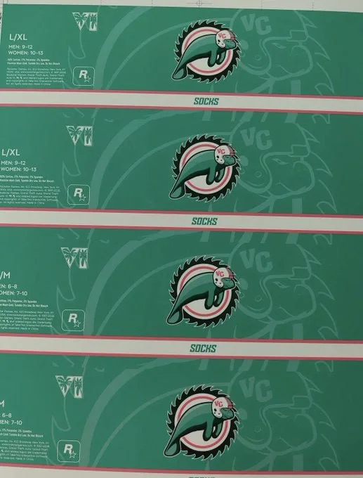 Printed packaging sheets for Vice City Manatees socks with the team logo and S/M and L/XL sizes (photo shared online)