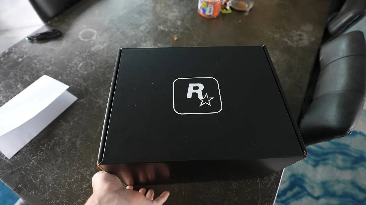 Black Rockstar Games box with the R* logo on the lid, a GTA 6 merch pack sent to a content creator (creator's photo)