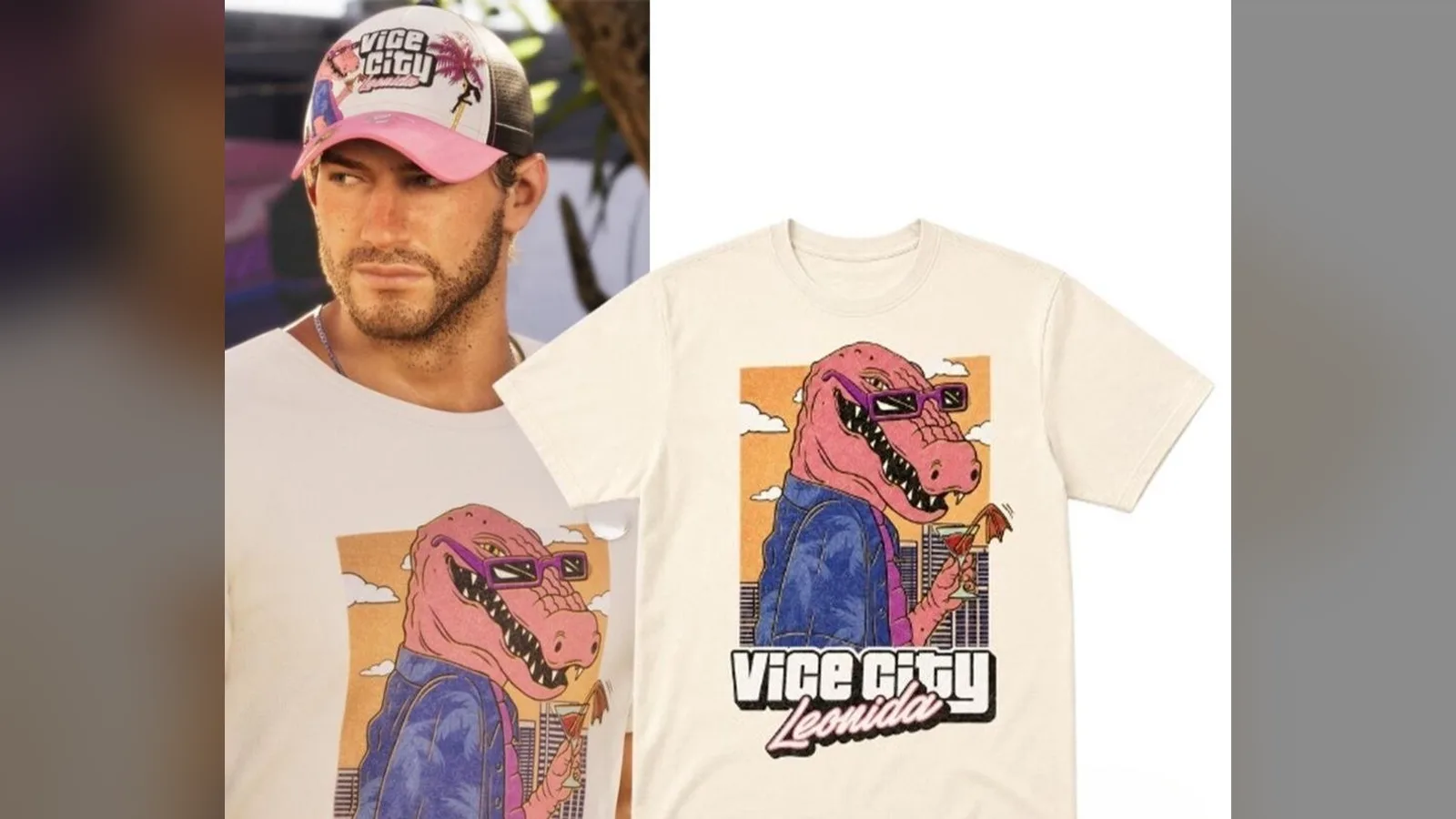 Jason in a 'Vice City Leonida' Macca the Gator tee next to a matching real T-shirt (images shared online)