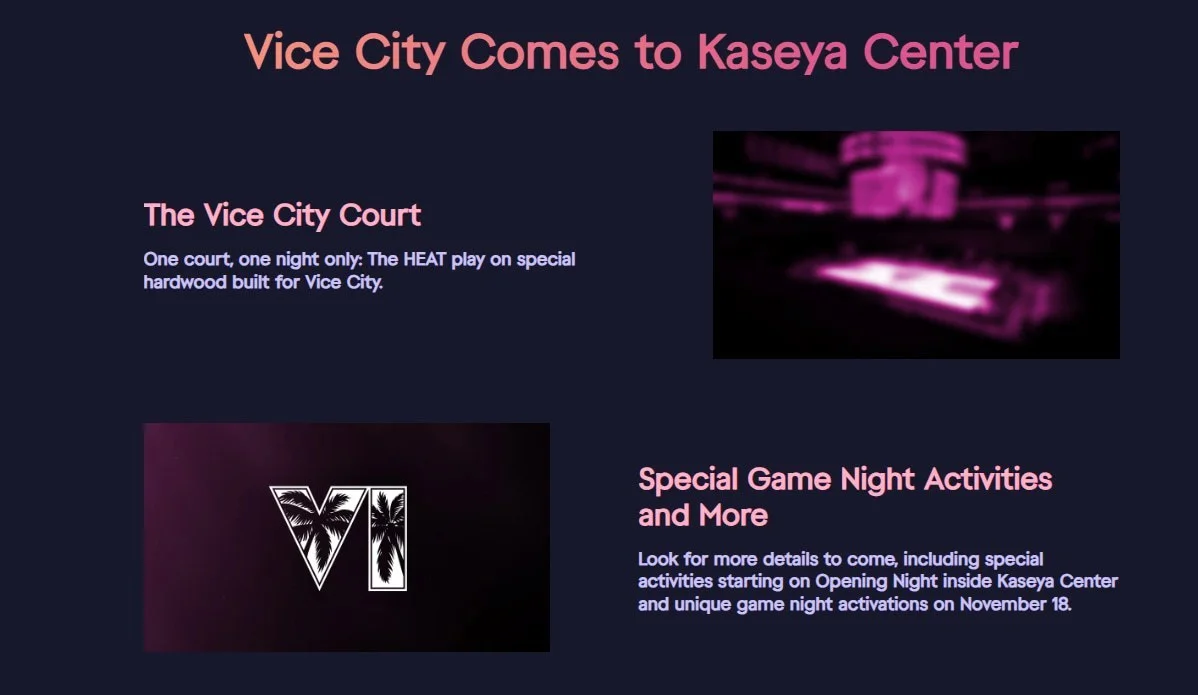 Vice City Comes to Kaseya Center section of the official Miami Heat event page: a blurred pink teaser of The Vice City Court and the VI logo next to Special Game Night Activities and More (screenshot of the Heat's site)