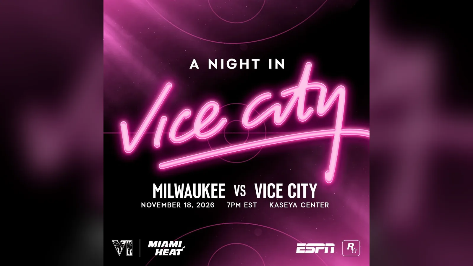 Official 'A Night in Vice City' poster: pink neon Vice City script, Milwaukee vs Vice City, November 18, 2026, 7PM EST, Kaseya Center, with the VI, Miami Heat, ESPN and Rockstar logos (Miami Heat and Rockstar Games)