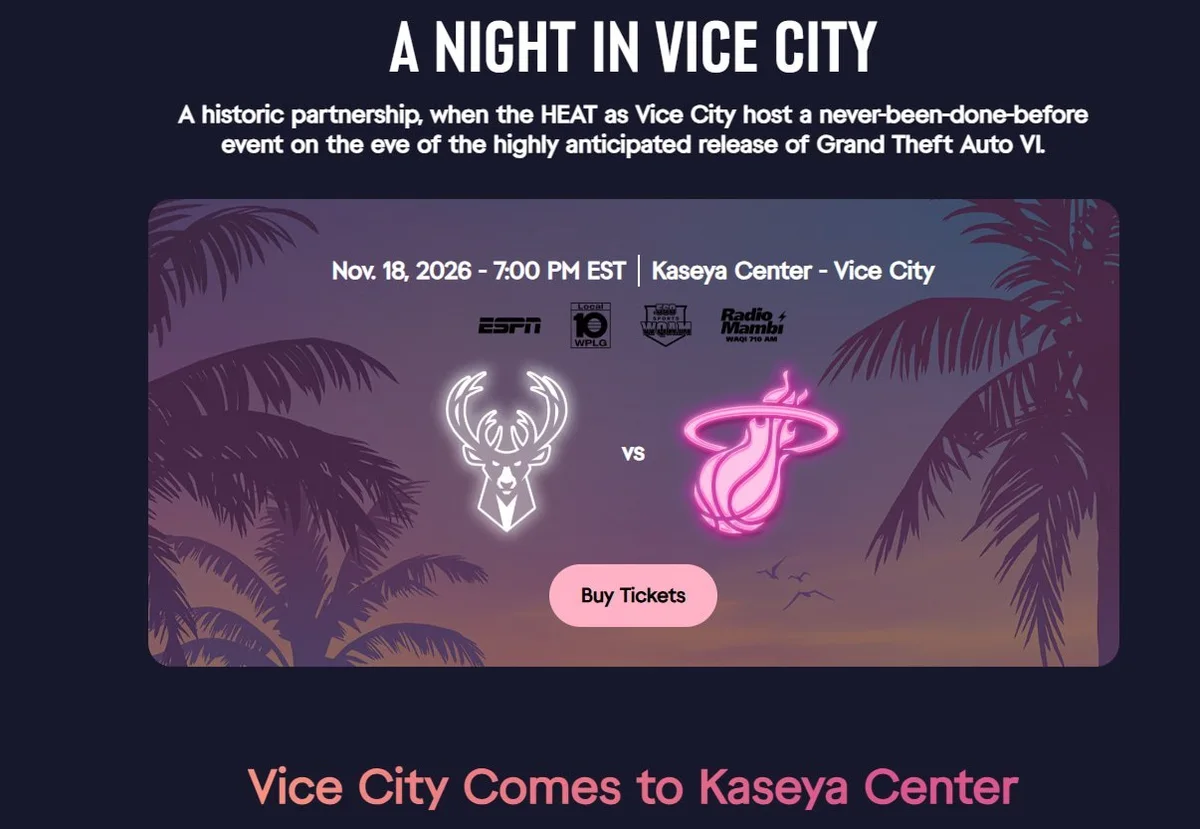 Official Miami Heat event page for A Night in Vice City: Nov. 18, 2026, 7:00 PM EST, Kaseya Center - Vice City, ESPN, Local 10 WPLG, 560 WQAM and Radio Mambi logos, the Bucks logo against a pink neon Heat logo and a Buy Tickets button (screenshot of the Heat's site)