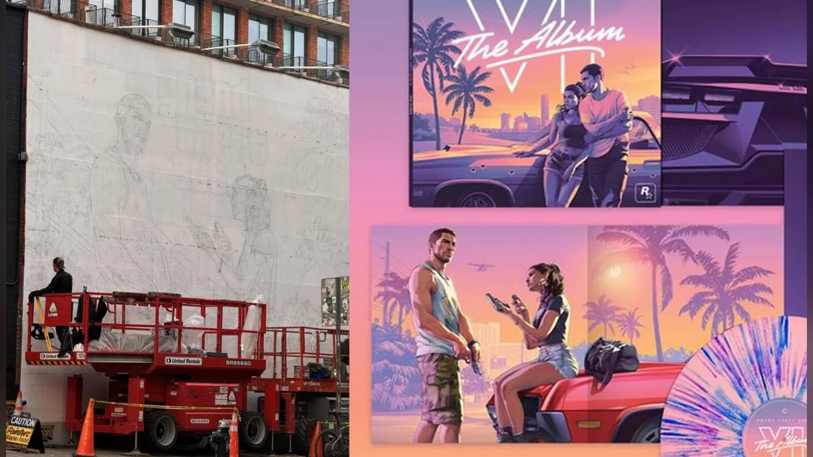 Left: the pencil outline of a GTA 6 mural on a white wall in Williamsburg, Brooklyn, with a lift and a painter below; right: the GTA 6 vinyl album art it matches (photos shared online)