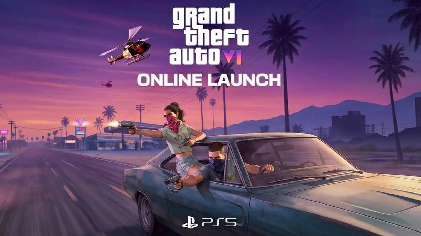 Fan-made 'Online Launch' graphic built on official GTA 6 artwork: Lucia firing a pistol from the window of a speeding muscle car driven by Jason, a helicopter overhead