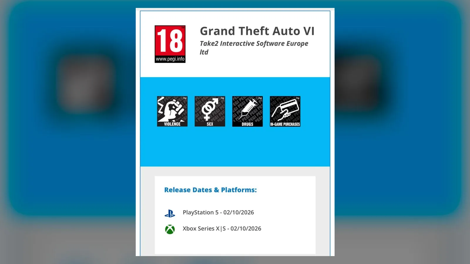 PEGI database card for Grand Theft Auto VI: PEGI 18 with the Violence, Sex, Drugs and In-Game Purchases icons (screenshot shared online)