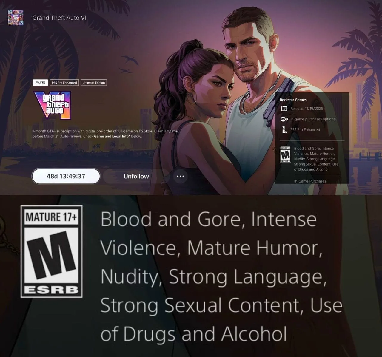 PlayStation Store page of GTA VI with the ESRB Mature 17+ badge and its descriptors: Blood and Gore, Intense Violence, Mature Humor, Nudity, Strong Language, Strong Sexual Content, Use of Drugs and Alcohol (screenshot shared online)