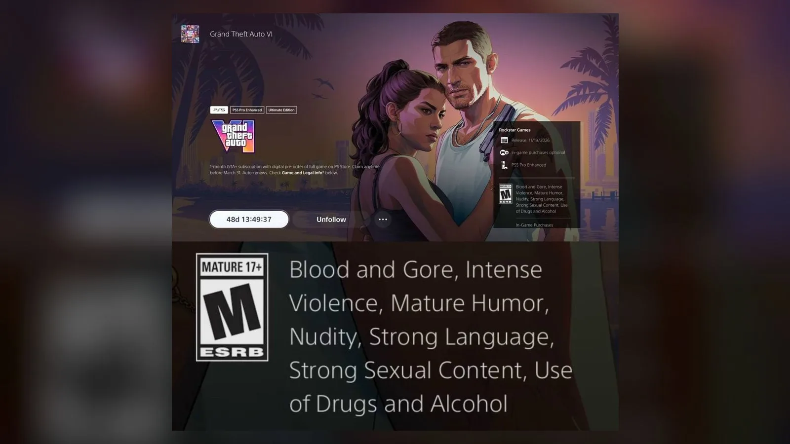 GTA VI page in the PlayStation Store on PS5 with the pre-order countdown and the ESRB Mature 17+ rating (screenshot shared online)