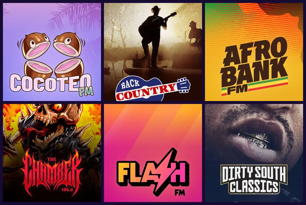 Logos of the six GTA 6 radio stations revealed by Rockstar: Cocoteo FM, Back Country Radio, AfroBank FM, The Chamber 106.6, Flash FM and Dirty South Classics (official station art)