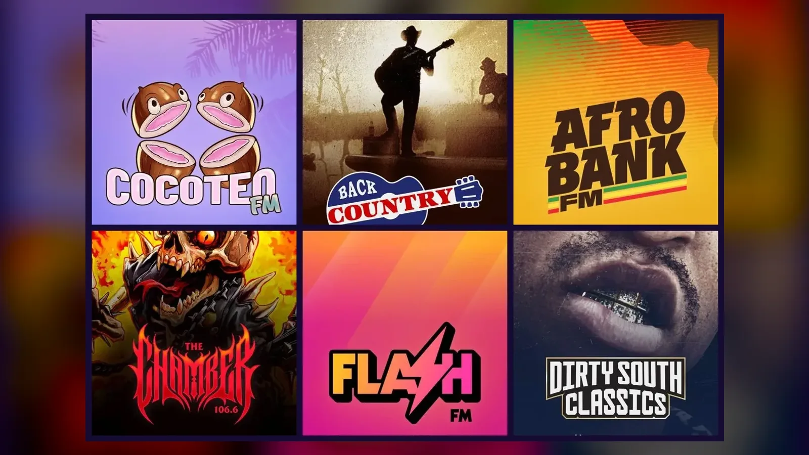 Logos of the six GTA 6 radio stations revealed by Rockstar: Cocoteo FM, Back Country Radio, AfroBank FM, The Chamber 106.6, Flash FM and Dirty South Classics (official station art)